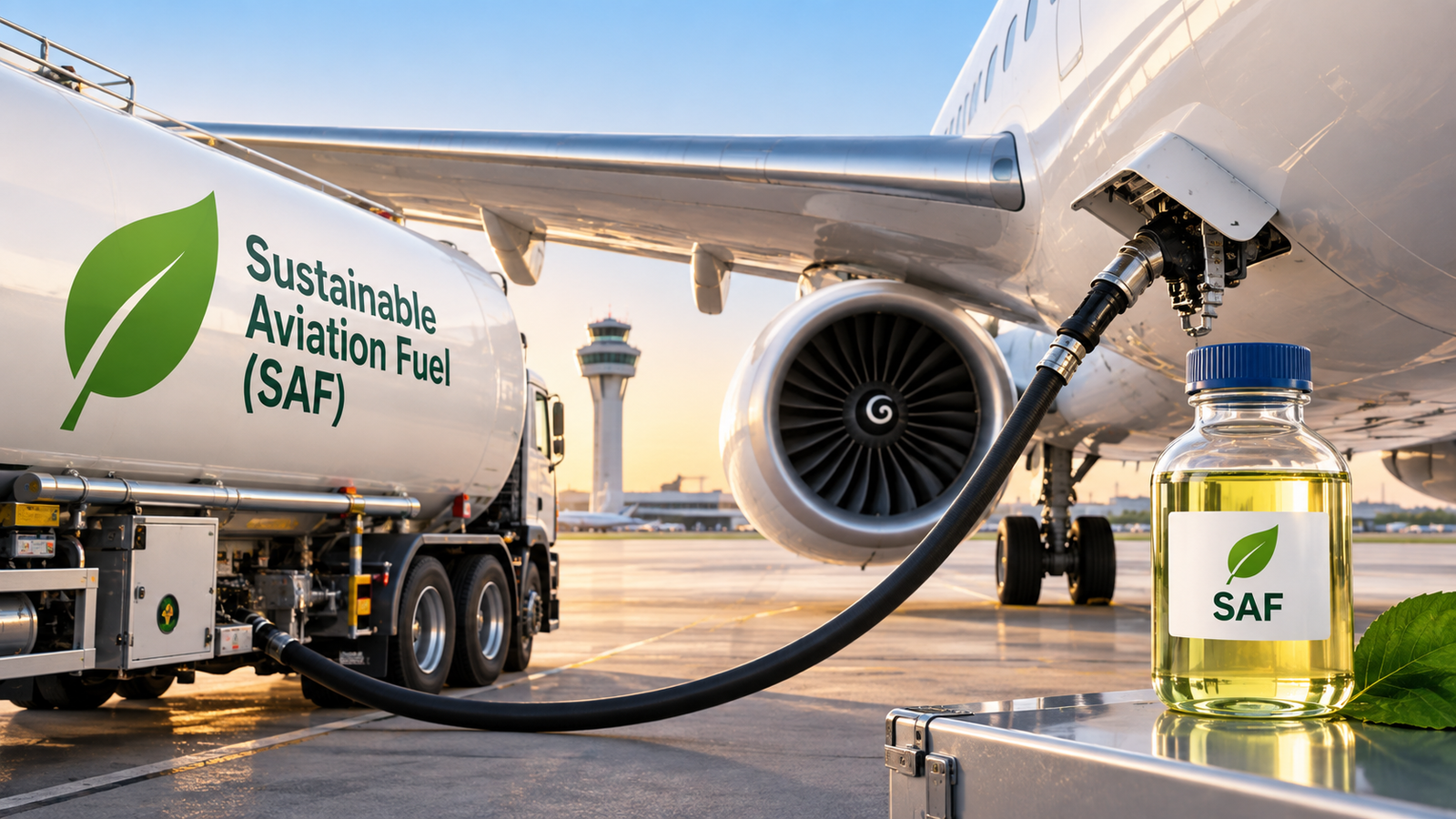 Aircraft wing above clouds, sustainable aviation